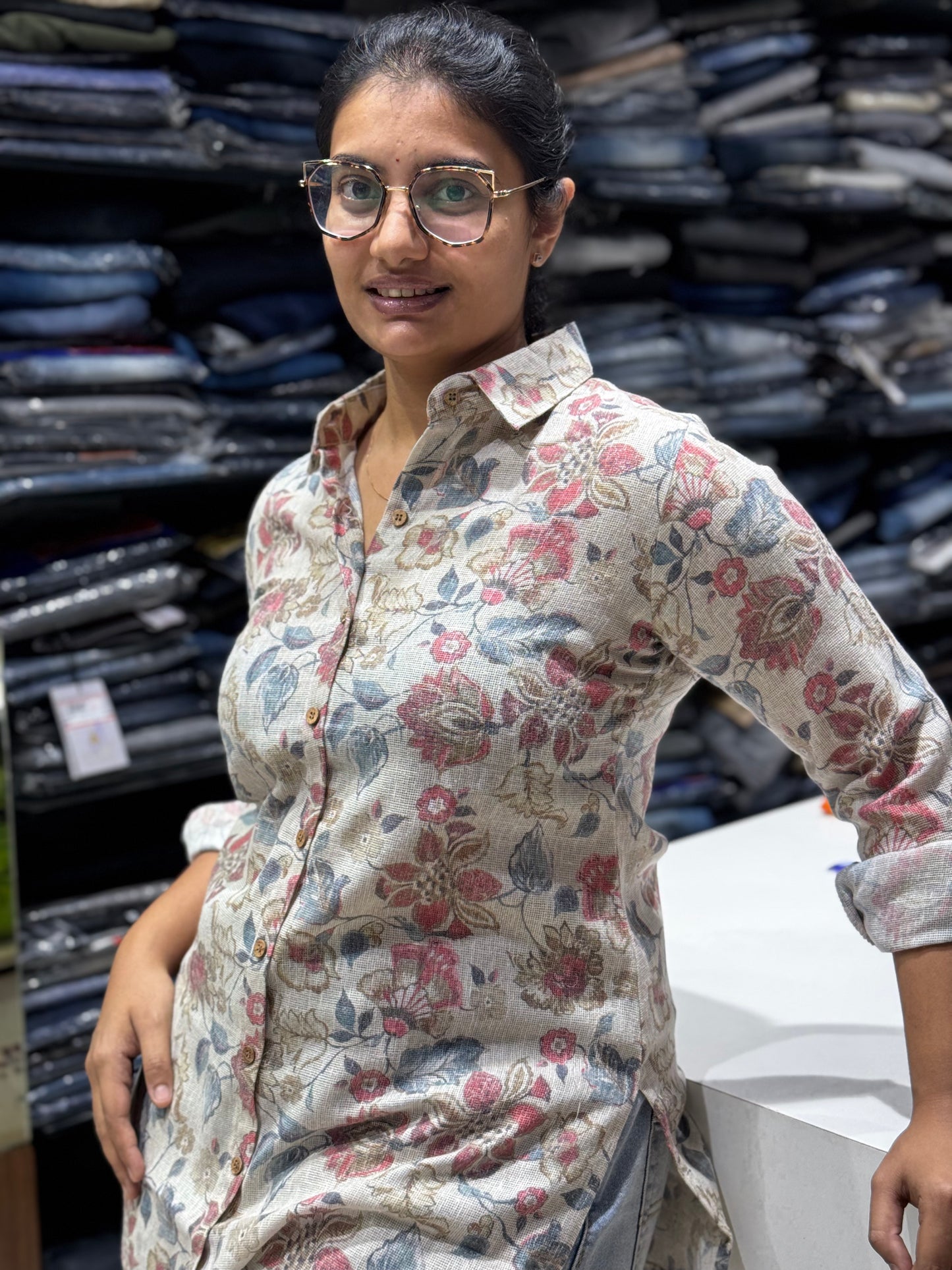 SH15  COTTON JUTE  FLORAL SHIRT