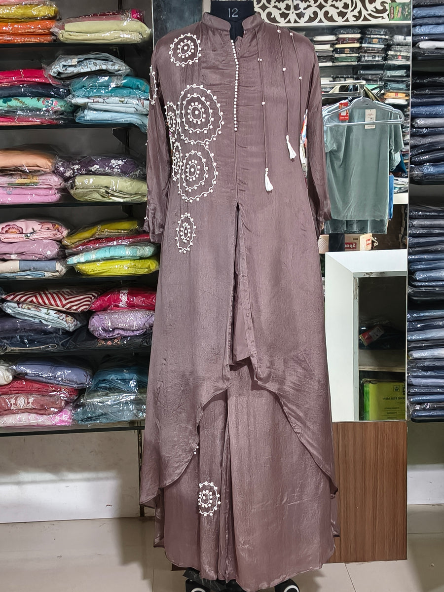 IN10 Chinon Silk Indo-western Plazo Cord Set Brown