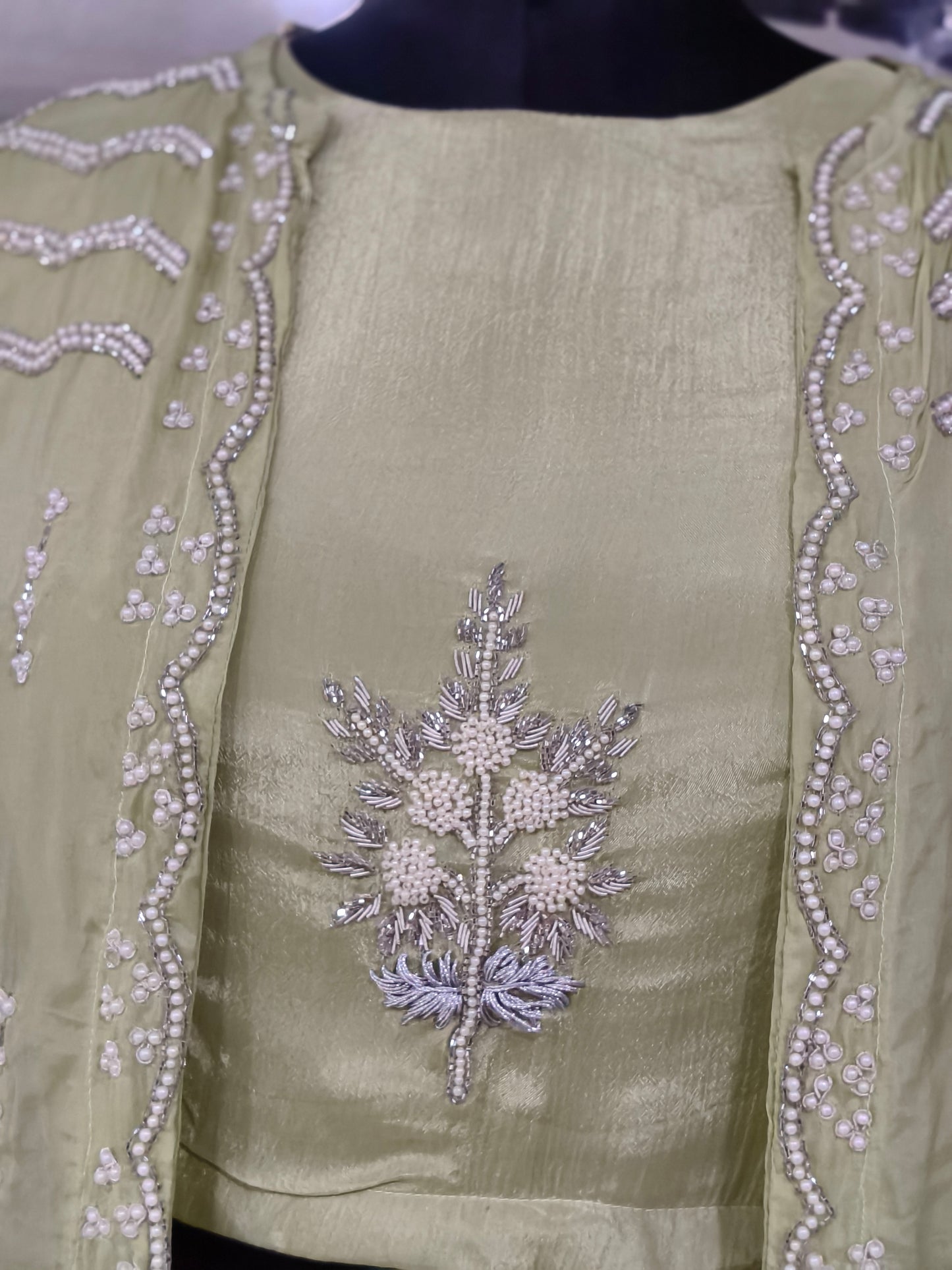 IN 7 Chinon Silk Indo-western Crop And Skirt With Jacket Pista Green colour