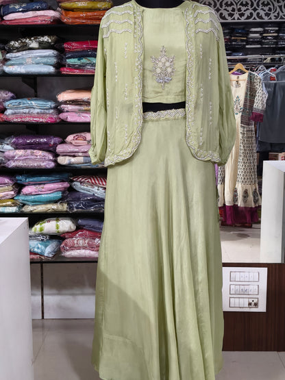 IN 7 Chinon Silk Indo-western Crop And Skirt With Jacket Pista Green colour