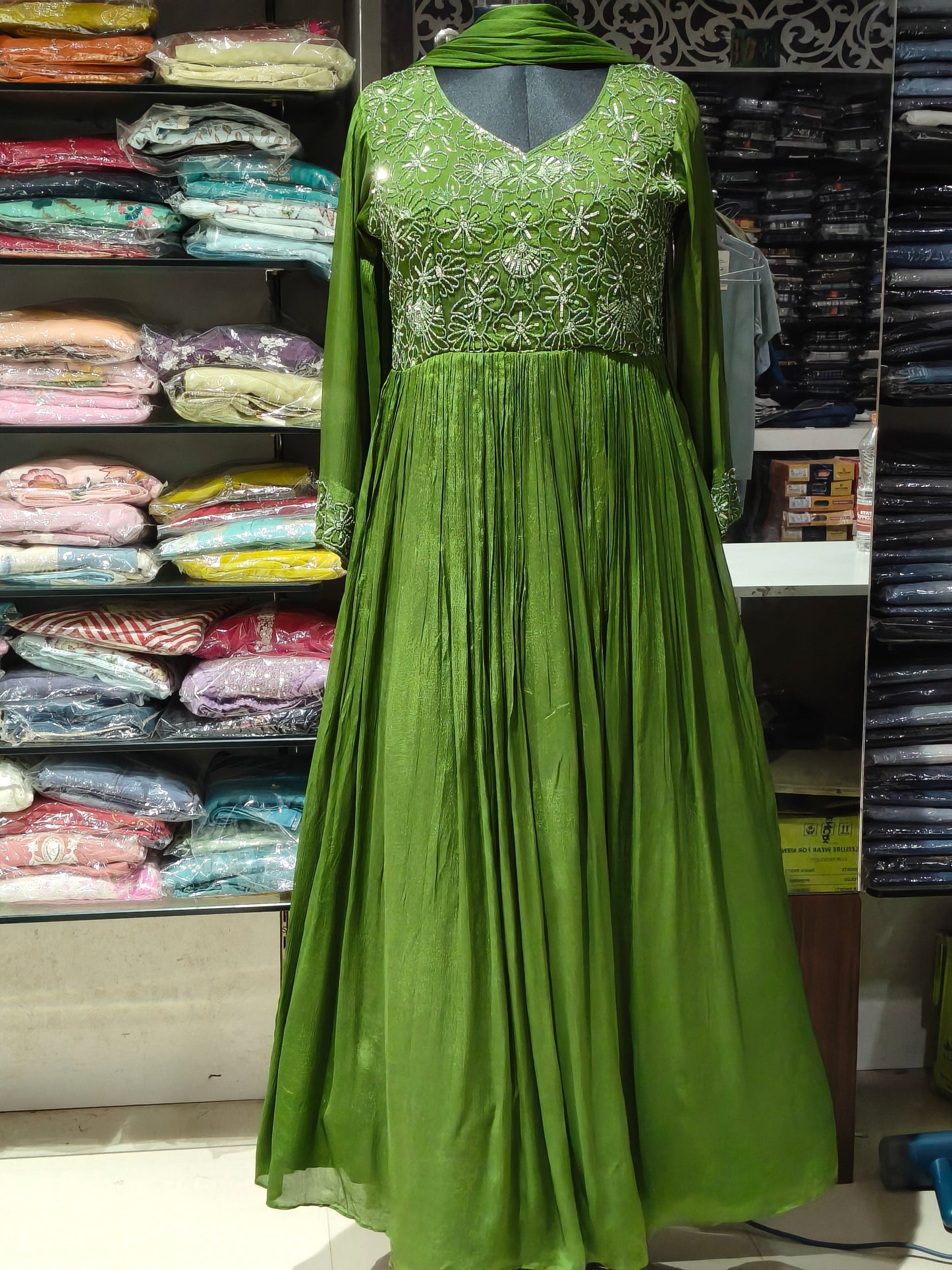 IN4 CHINON SILK MEHNDI GREEN DRESS WITH DUPATTA