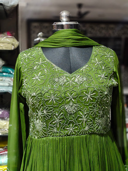 IN4 CHINON SILK MEHNDI GREEN DRESS WITH DUPATTA