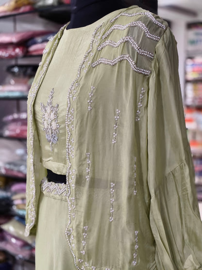 IN 7 Chinon Silk Indo-western Crop And Skirt With Jacket Pista Green colour