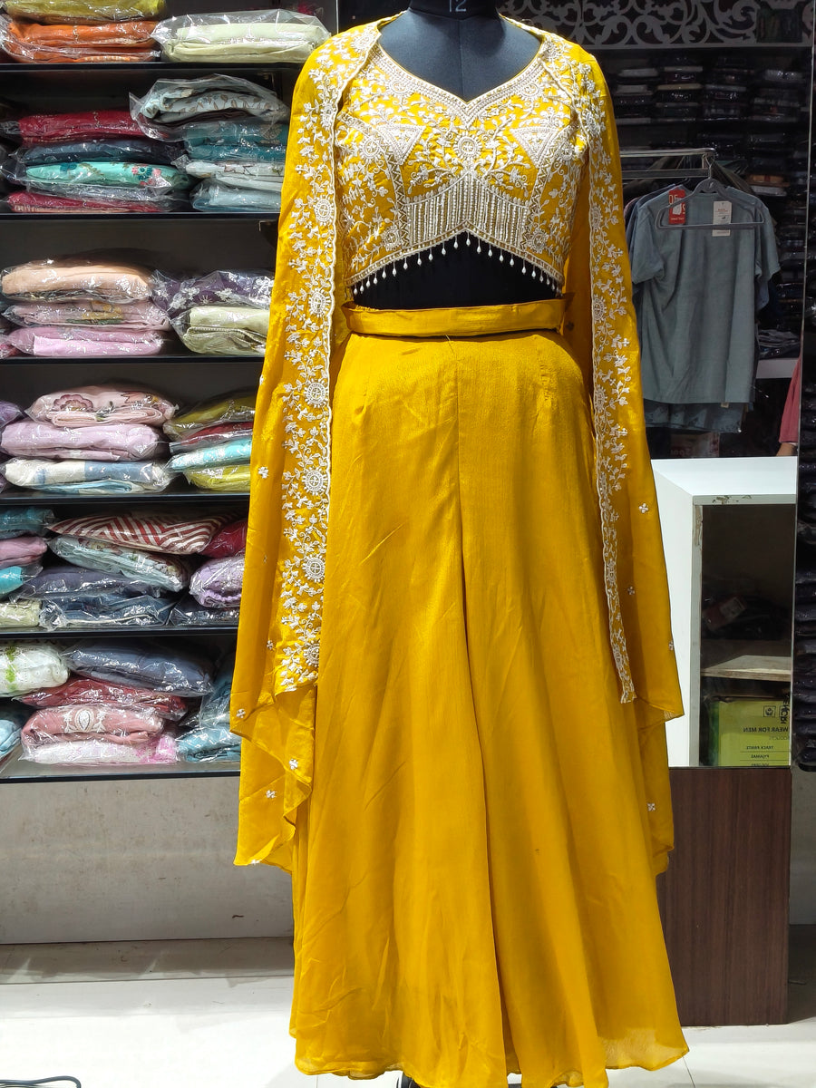 IN2 MUSTARD YELLOW Plazzo indowestern with cape style hands dupatta