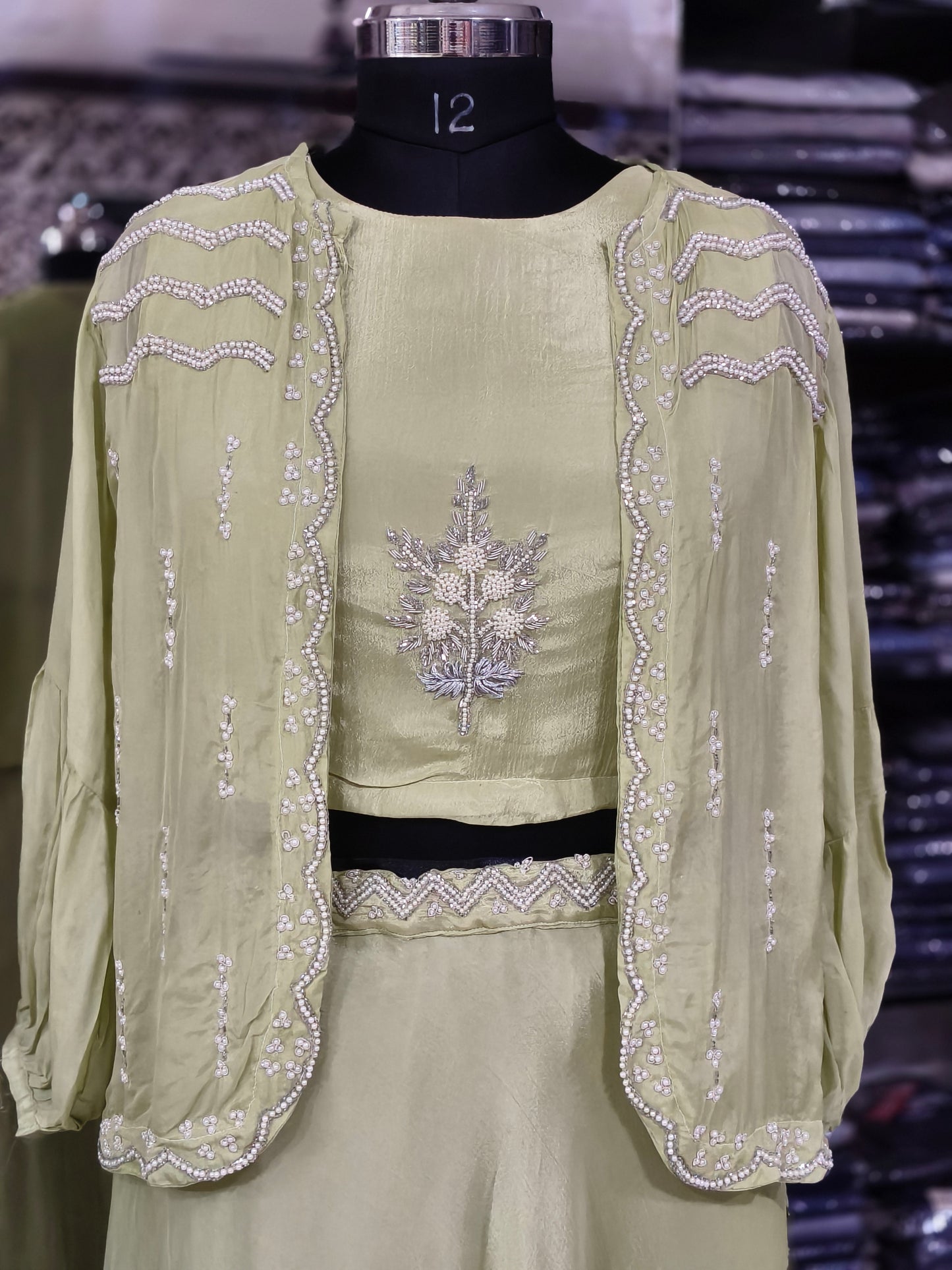 IN 7 Chinon Silk Indo-western Crop And Skirt With Jacket Pista Green colour