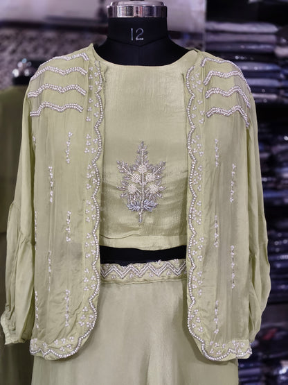 IN 7 Chinon Silk Indo-western Crop And Skirt With Jacket Pista Green colour