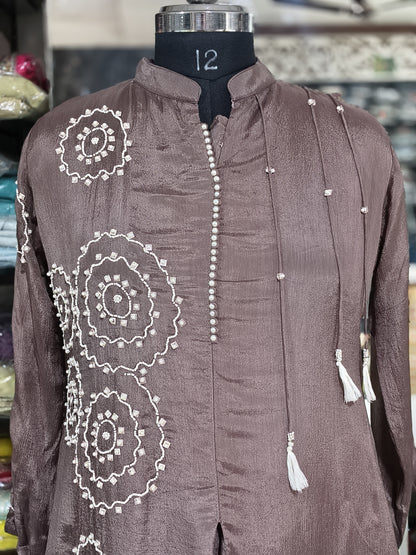 IN10 Chinon Silk Indo-western Plazo Cord Set Brown