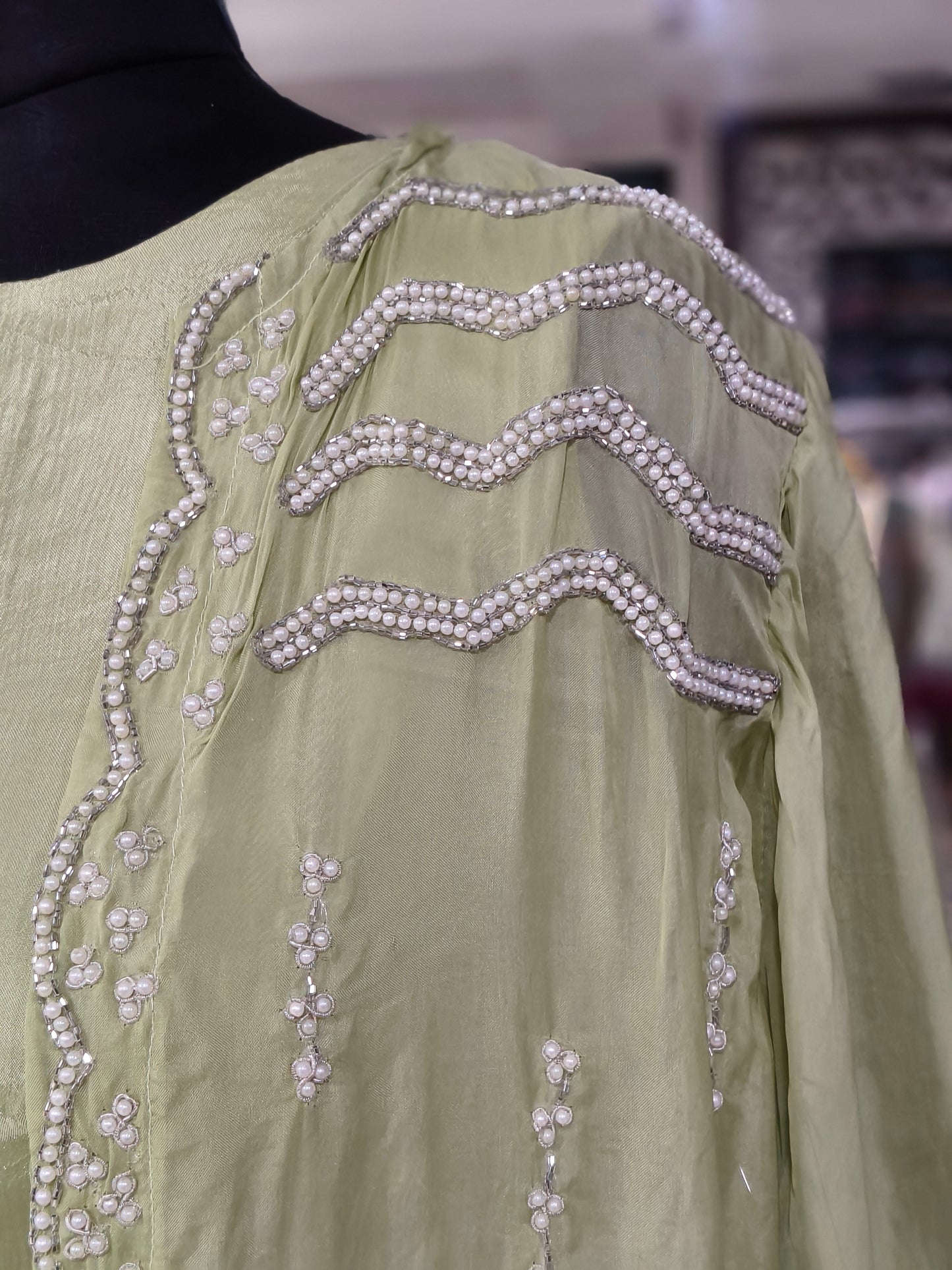 IN 7 Chinon Silk Indo-western Crop And Skirt With Jacket Pista Green colour