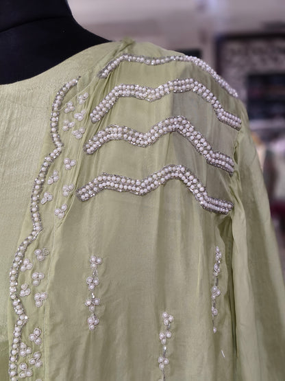 IN 7 Chinon Silk Indo-western Crop And Skirt With Jacket Pista Green colour