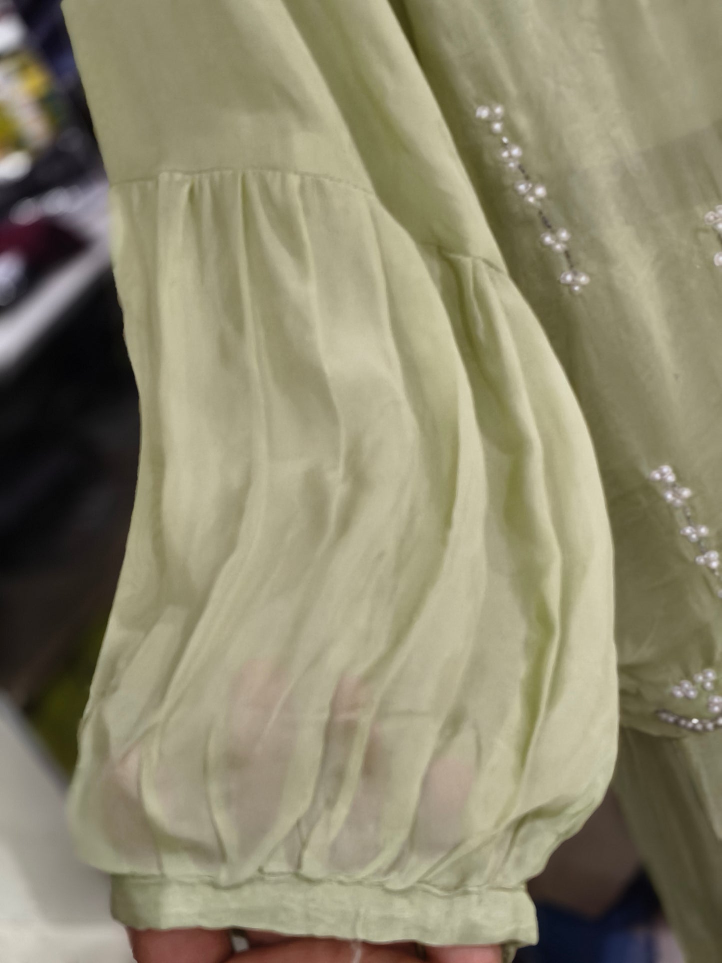 IN 7 Chinon Silk Indo-western Crop And Skirt With Jacket Pista Green colour