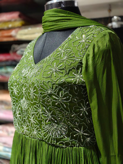 IN4 CHINON SILK MEHNDI GREEN DRESS WITH DUPATTA